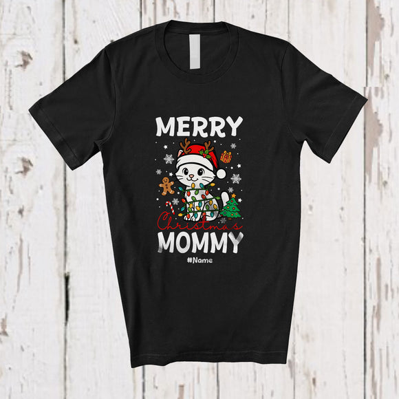 MacnyStore - Personalized Custom Name Merry Christmas Mommy; Lovely Lights Santa Cat Owner Family T-Shirt