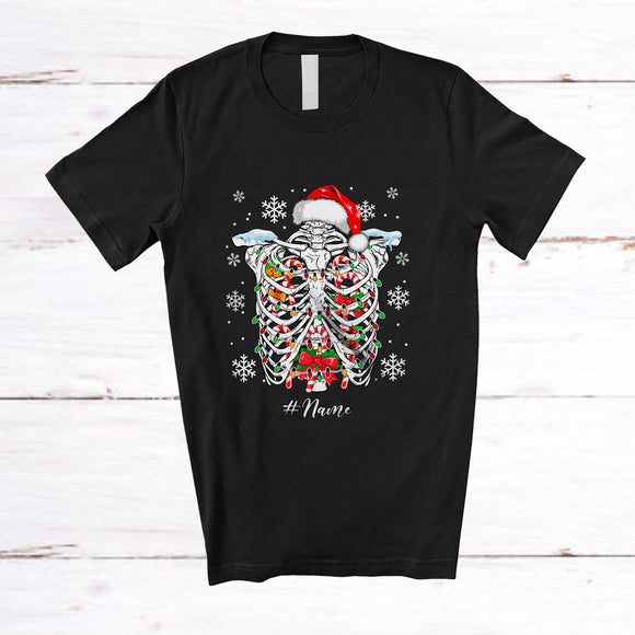 MacnyStore - Personalized Custom Name Candy Cane Rib Cage; Humorous Christmas Lights Santa Skeleton X-Ray T-Shirt