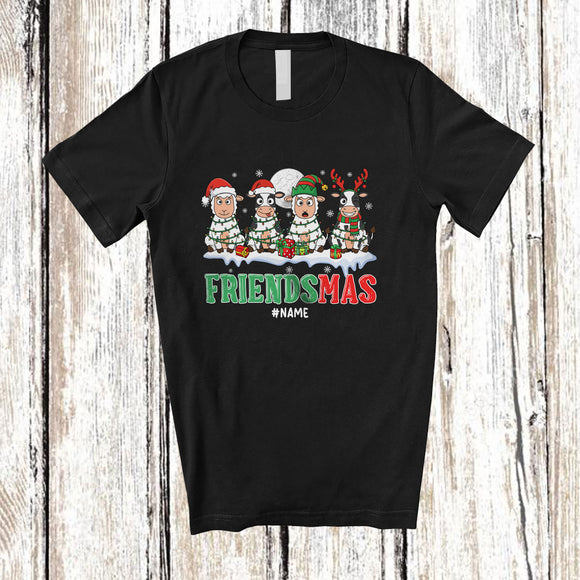 MacnyStore - Personalized Custom Name Friendsmas; Merry Christmas Lights Four Sheep Cow Farm Farmer T-Shirt