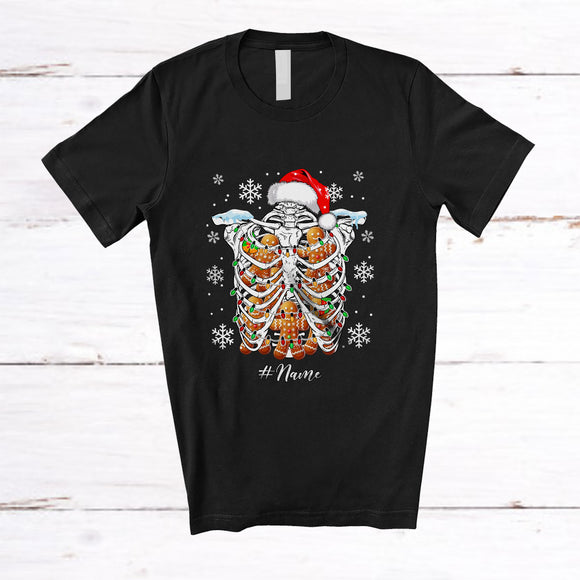 MacnyStore - Personalized Custom Name Gingerbread Rib Cage; Humorous Christmas Lights Santa Skeleton X-Ray T-Shirt