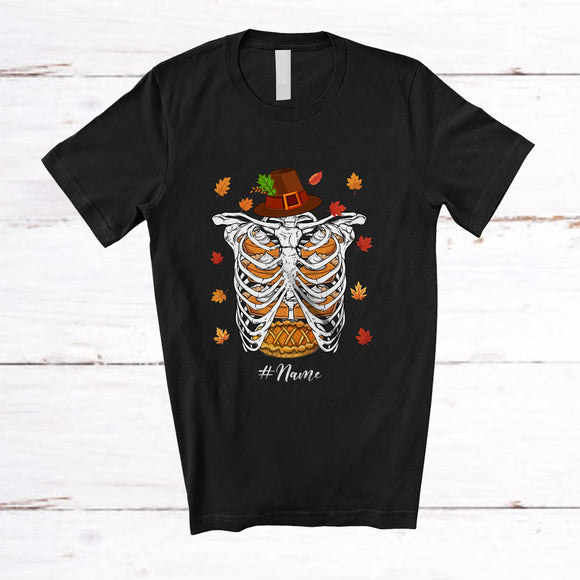 MacnyStore - Personalized Custom Name Pumpkin Pie Rib Cage; Humorous Thanksgiving Skeleton X-Ray Pilgrim T-Shirt