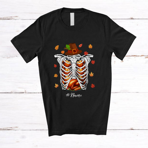 MacnyStore - Personalized Custom Name Roast Turkey Rib Cage; Humorous Thanksgiving Skeleton X-Ray Pilgrim T-Shirt