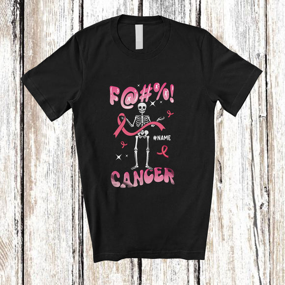 MacnyStore - Personalized Custom Name Fuck Cancer; Sarcastic Breast Cancer Awareness Pink Skeleton T-Shirt