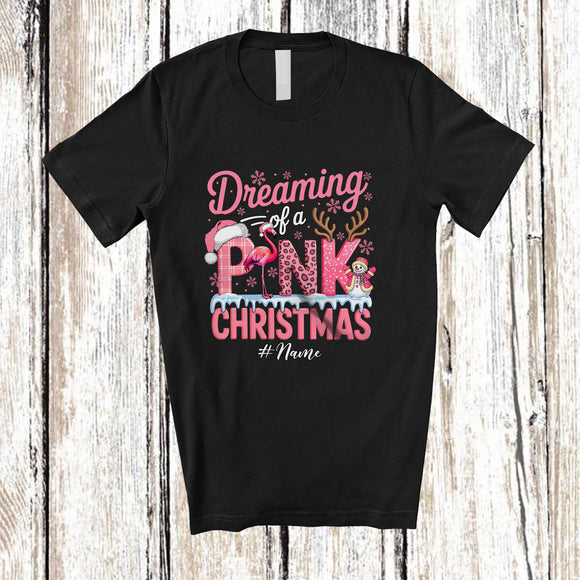 MacnyStore - Personalized Custom Name Dreaming Of A Pink Christmas; Adorable Pink Plaid Leopard Flamingo T-Shirt