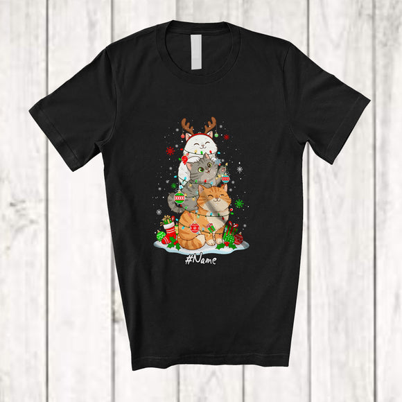 MacnyStore - Personalized Custom Name Cat Reindeer Christmas Tree; Joyful X-mas Lights Animal Owner T-Shirt