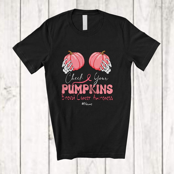 MacnyStore - Personalized Custom Name Check Your Pumpkins; Scary Halloween Breast Cancer Two Skeleton Hands T-Shirt