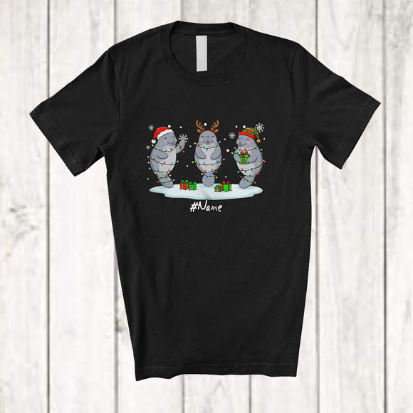 MacnyStore - Personalized Custom Name Three Santa Elf Manatee Snowing; Lovely Christmas Lights Sea Animal T-Shirt