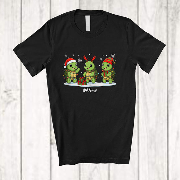 MacnyStore - Personalized Custom Name Three Santa Elf Turtle Snowing; Lovely Christmas Lights Sea Animal T-Shirt