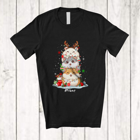 MacnyStore - Personalized Custom Name Hamster Reindeer Christmas Tree; Joyful X-mas Lights Animal Owner T-Shirt