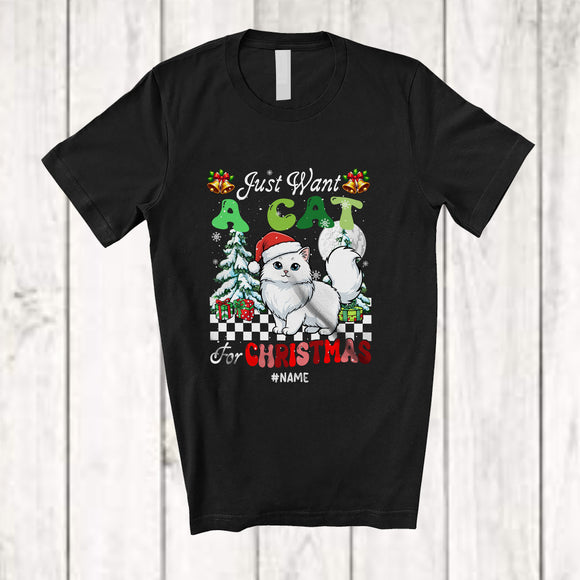 MacnyStore - Personalized Custom Name Want A Cat For Christmas; Amazing X-mas Tree Santa Cat Animal T-Shirt