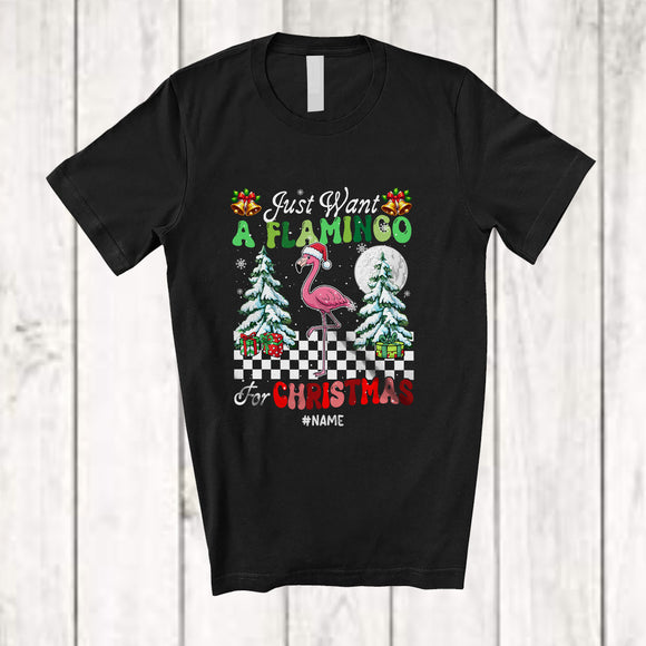 MacnyStore - Personalized Custom Name Want A Flamingo For Christmas; Amazing X-mas Tree Santa Animal T-Shirt