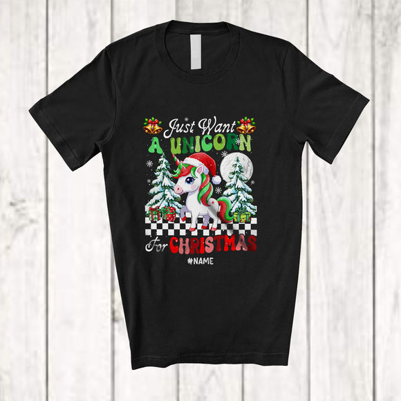 MacnyStore - Personalized Custom Name Want A Unicorn For Christmas; Amazing X-mas Tree Santa Unicorn T-Shirt