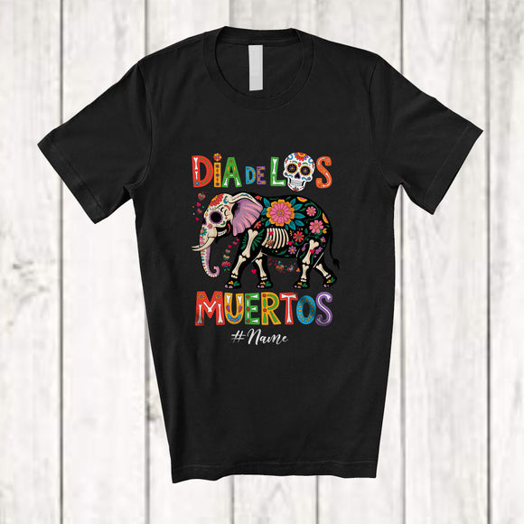 MacnyStore - Personalized Custom Name Dia De Los Muertos; Lovely Floral Sugar Skull Elephant Mexican Zoo Animal T-Shirt