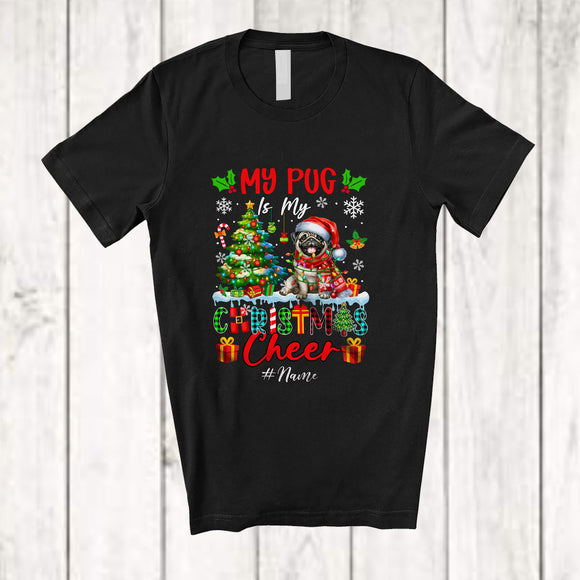 MacnyStore - Personalized Custom Name Pug Is My Christmas Cheer; Lovely Plaid Tree Lights Santa T-Shirt