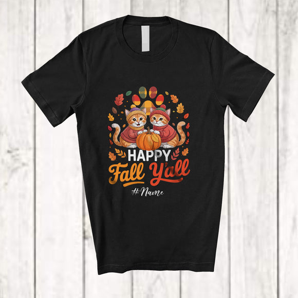 MacnyStore - Personalized Custom Name Happy Fall Y'all; Awesome Thanksgiving Couple Pilgrim Cat Pumpkin T-Shirt