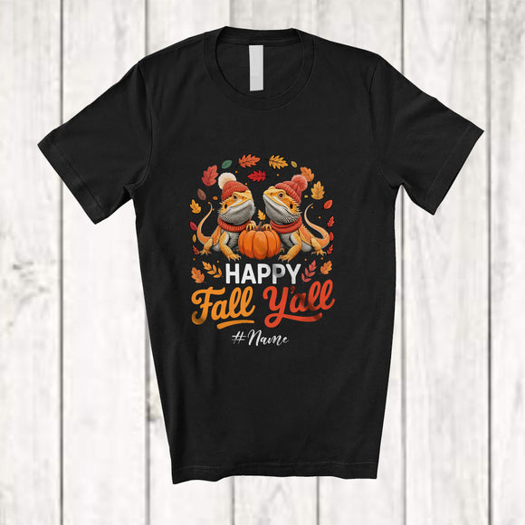 MacnyStore - Personalized Custom Name Happy Fall Y'all; Lovely Thanksgiving Couple Pilgrim Bearded Dragon Pumpkin T-Shirt