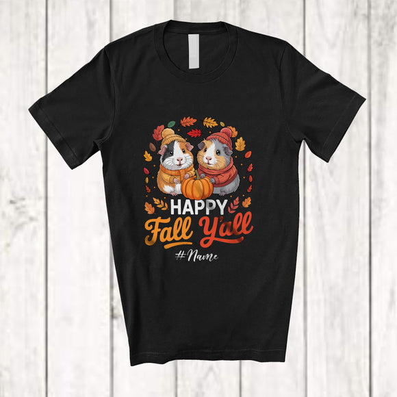 MacnyStore - Personalized Custom Name Happy Fall Y'all; Awesome Thanksgiving Couple Pilgrim Guinea Pig Pumpkin T-Shirt