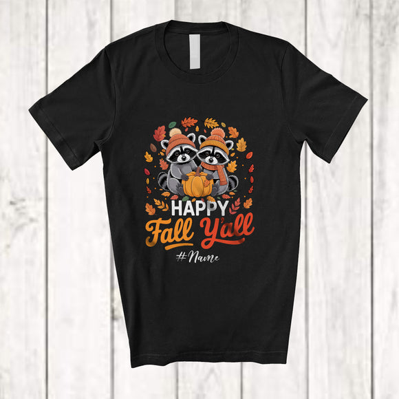 MacnyStore - Personalized Custom Name Happy Fall Y'all; Awesome Thanksgiving Couple Pilgrim Raccoon Pumpkin T-Shirt