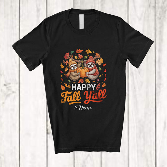 MacnyStore - Personalized Custom Name Happy Fall Y'all; Awesome Thanksgiving Couple Pilgrim Sloth Pumpkin T-Shirt