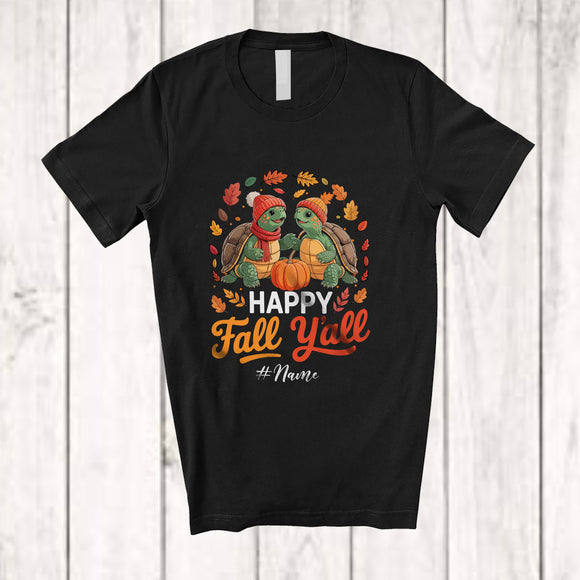 MacnyStore - Personalized Custom Name Happy Fall Y'all; Awesome Thanksgiving Couple Pilgrim Turtle Pumpkin T-Shirt