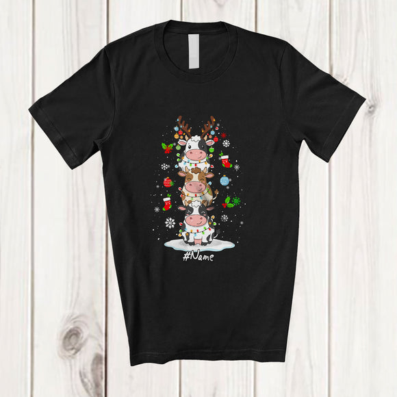 MacnyStore - Personalized Custom Name Cow Reindeer Christmas Tree; Lovely X-mas Lights Farm Farmer T-Shirt