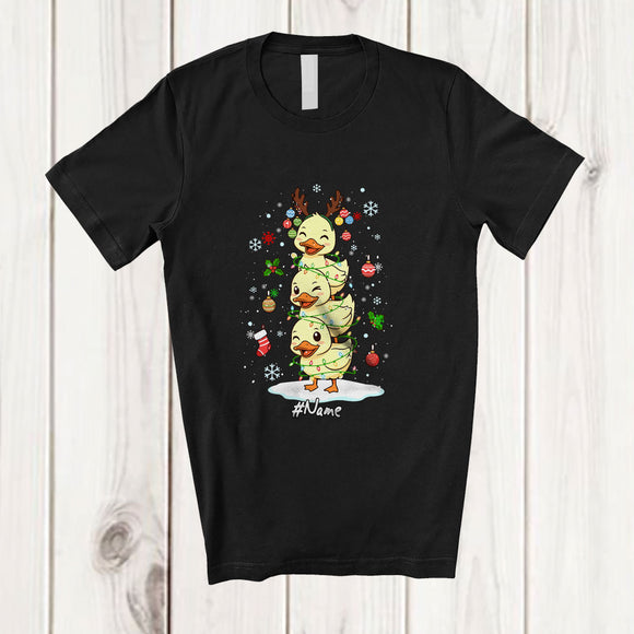 MacnyStore - Personalized Custom Name Duck Reindeer Christmas Tree; Lovely X-mas Lights Farm Farmer T-Shirt