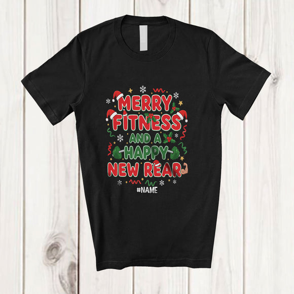 MacnyStore - Personalized Custom Name Merry Fitness Happy Rear; Humorous Christmas Workout Gym Group T-Shirt