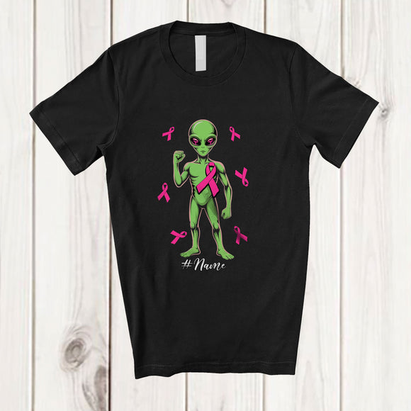 MacnyStore - Personalized Custom Name Alien Pink Ribbon; Lovely Breast Cancer Awareness Alien; Women Family T-Shirt