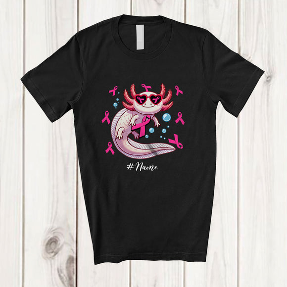 MacnyStore - Personalized Custom Name Axolotl Pink Ribbon; Lovely Breast Cancer Awareness Axolotl; Women Family T-Shirt