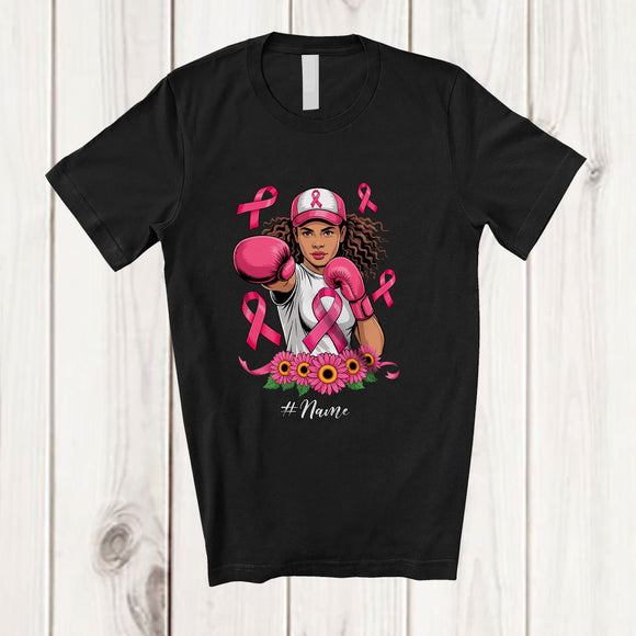 MacnyStore - Personalized Custom Name Black African Woman Fight Breast Cancer; Lovely Pink Ribbon Afro Proud T-Shirt