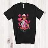 MacnyStore - Personalized Custom Name Black African Woman Fight Breast Cancer; Lovely Pink Ribbon Afro Proud T-Shirt
