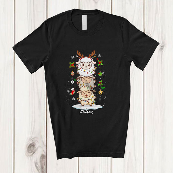MacnyStore - Personalized Custom Name Sheep Reindeer Christmas Tree; Lovely X-mas Lights Farm Farmer T-Shirt