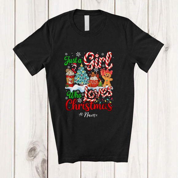 MacnyStore - Personalized Custom Name Girl Who Loves Christmas; Colorful Hot Cocoa Coffee Gingerbread T-Shirt