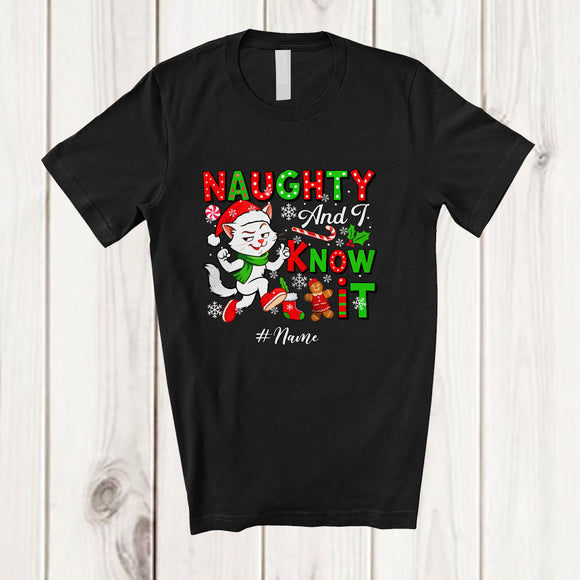MacnyStore - Personalized Custom Name Naughty And I Know It; Humorous Christmas Santa Cat Lover T-Shirt