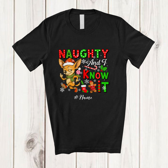 MacnyStore - Personalized Custom Name Naughty And I Know It; Humorous Christmas Santa Chihuahua Lover T-Shirt