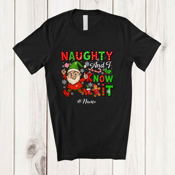 MacnyStore - Personalized Custom Name Naughty And I Know It; Humorous Christmas Santa Gnome Lover T-Shirt