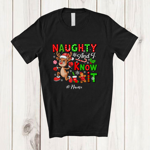 MacnyStore - Personalized Custom Name Naughty And I Know It; Humorous Christmas Santa Reindeer Lover T-Shirt