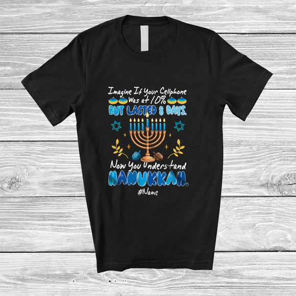 MacnyStore - Personalized Custom Name Your Cellphone Was At 10%; Sarcastic Hanukkah Lights Out Of Battery T-Shirt