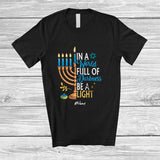 MacnyStore - Personalized Custom Name In A World Full Of Darkness Be A Light; Awesome Hanukkah Lights Family T-Shirt