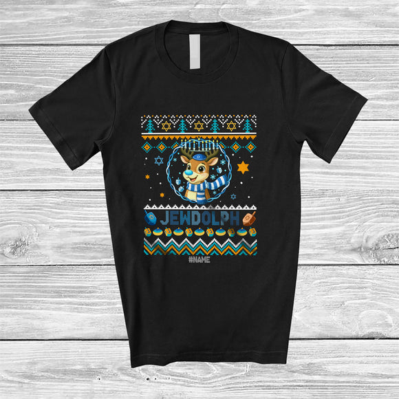 MacnyStore - Personalized Custom Name Jewdolph; Awesome Hanukkah Lights Sweater Reindeer; Family T-Shirt