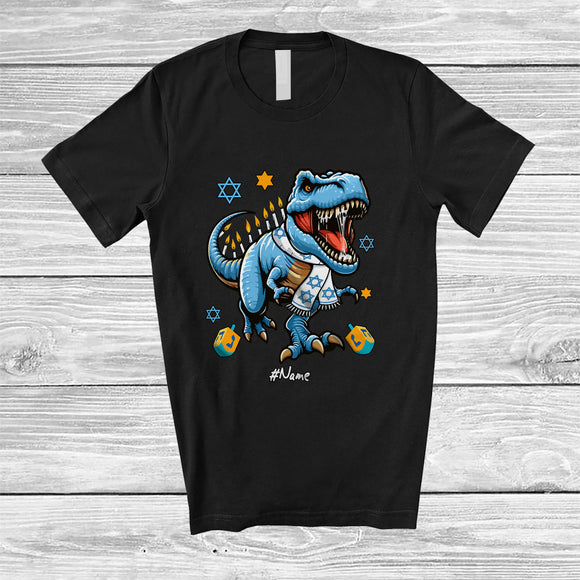 MacnyStore - Personalized Custom Name Hanukkah Lights T-Rex; Awesome Chanukah T-Rex Dinosaur Lover T-Shirt