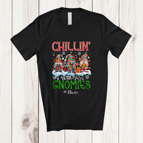 MacnyStore - Personalized Custom Name Chillin' With My Gnomies; Amazing Christmas Three Gnomes Plaid; Family T-Shirt