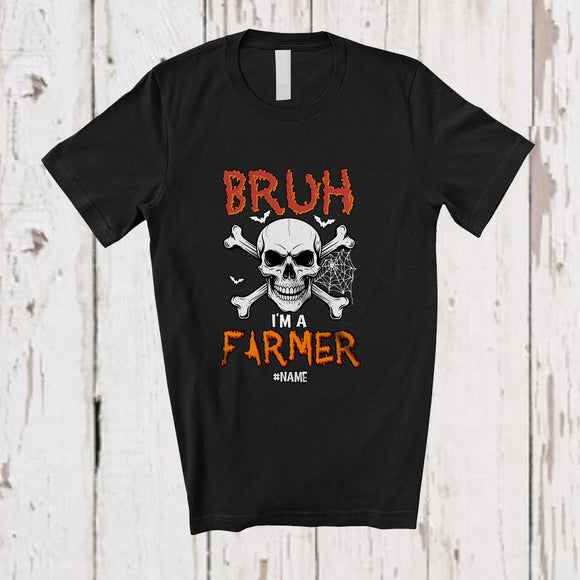 MacnyStore - Personalized Custom Name Bruh I'm A Farmer; Scary Halloween Farmer Skull Crossbone; Family T-Shirt