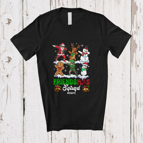 MacnyStore - Personalized Custom Name Friendsmas Squad; Cheerful Christmas Plaid Santa Elf; Friends Group T-Shirt