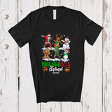 MacnyStore - Personalized Custom Name Friendsmas Squad; Cheerful Christmas Plaid Santa Elf; Friends Group T-Shirt
