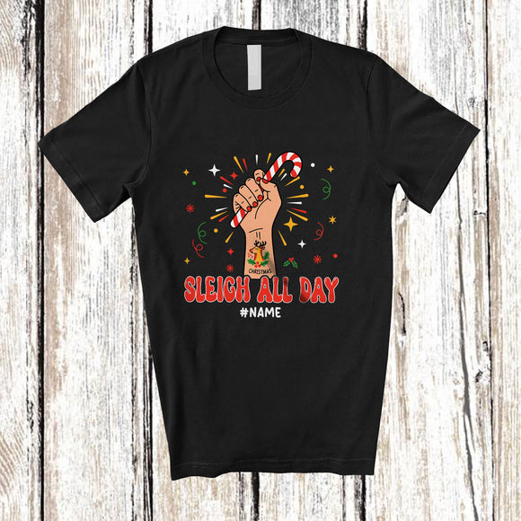 MacnyStore - Personalized Custom Name Sleigh All Day; Sarcastic Christmas Adult Santa Candy Canes T-Shirt