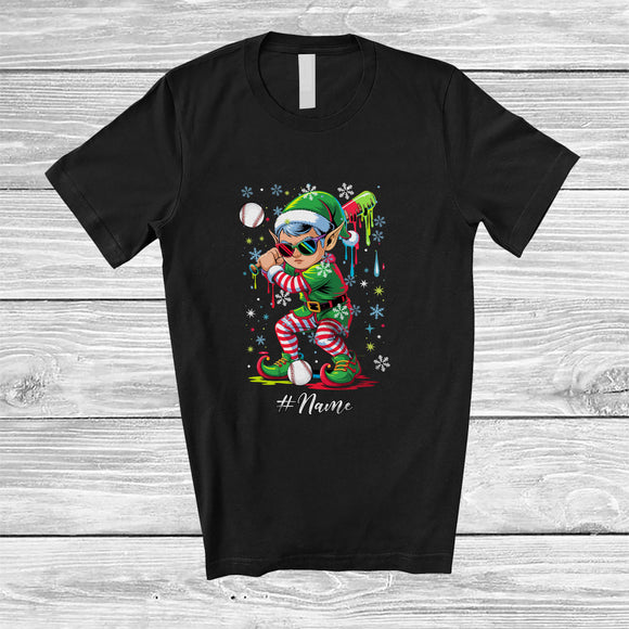 MacnyStore - Personalized Custom Name Elf Playing Baseball; Amazing Christmas Drip Baseball Player Sport T-Shirt