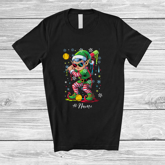 MacnyStore - Personalized Custom Name Elf Playing Softball; Amazing Christmas Drip Softball Player Sport T-Shirt