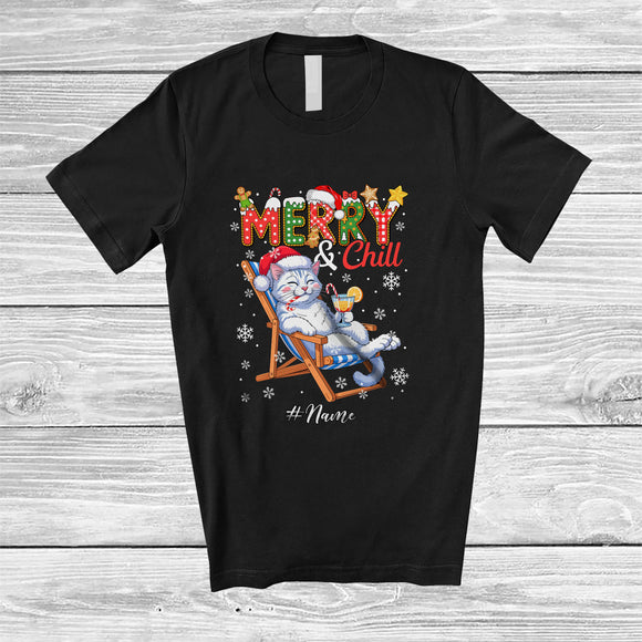 MacnyStore - Personalized Custom Name Merry And Chill; Lovely Christmas Holiday Vacation Santa Cat T-Shirt