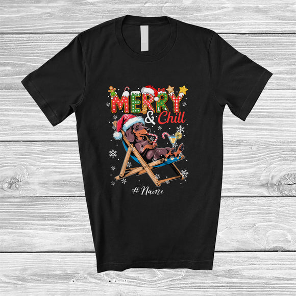 MacnyStore - Personalized Custom Name Merry And Chill; Lovely Christmas Holiday Vacation Santa Dachshund T-Shirt